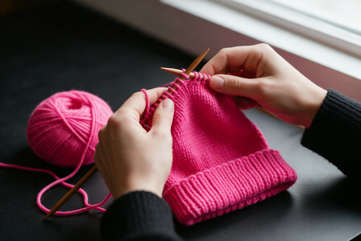 Hands knitting a hot pink wool hat with wooden needles