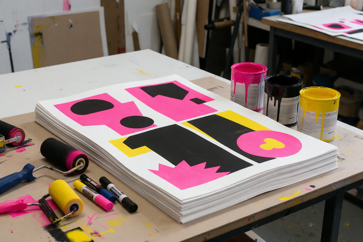 Stack of blank screen-printed protest posters with paint rollers and markers